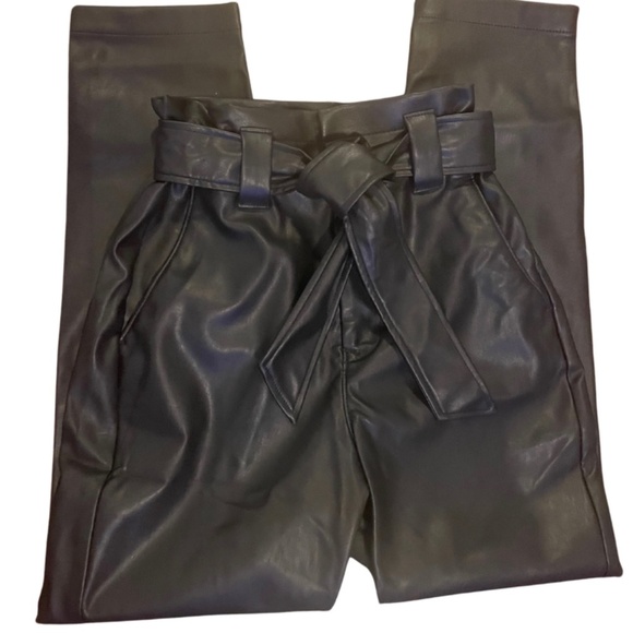 Express Pants - Express Black Faux Leather Super High Rise Belted Ankle Pants